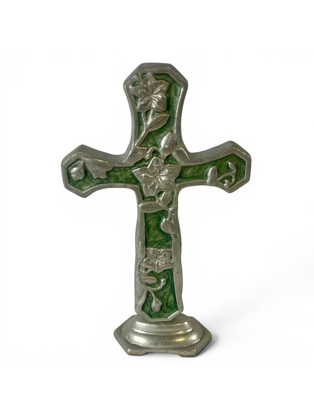 Vintage Floral Cross Green Marbled Inlay Silver Tone Tabletop Religious Decor 8"